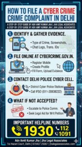 Step-by-step guide infographic for filing a cyber crime complaint in Delhi.