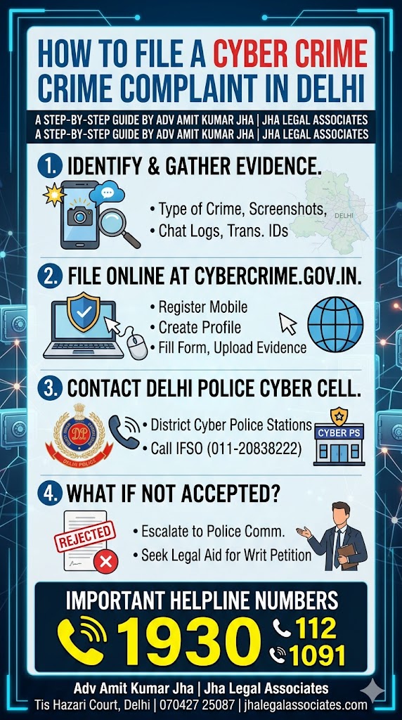Step-by-step guide infographic for filing a cyber crime complaint in Delhi.